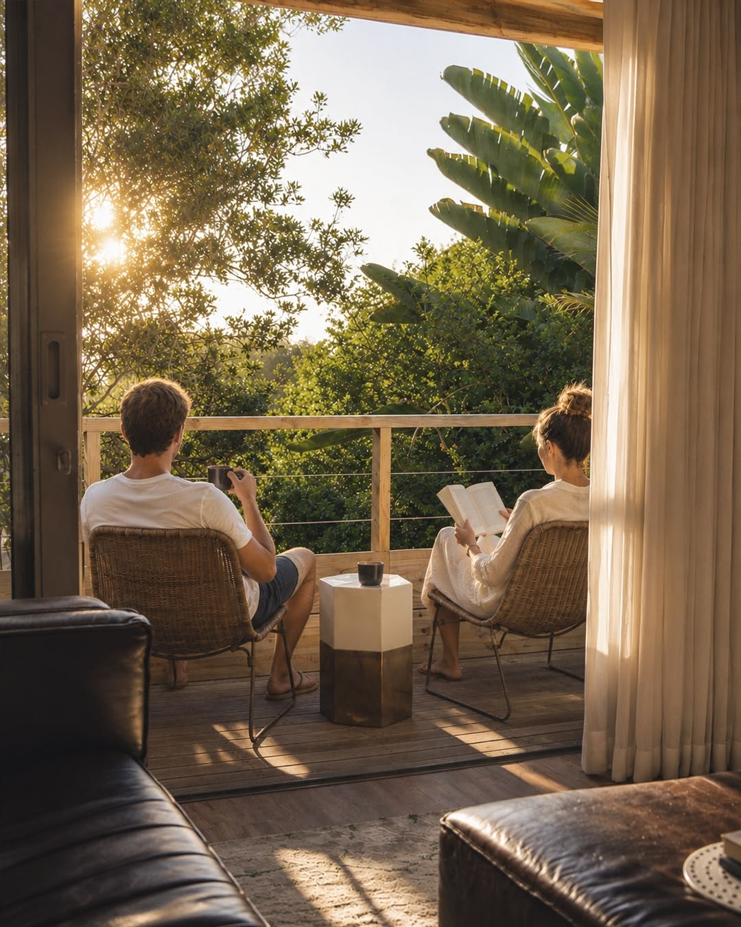 A couple relaxing on a sunlit deck